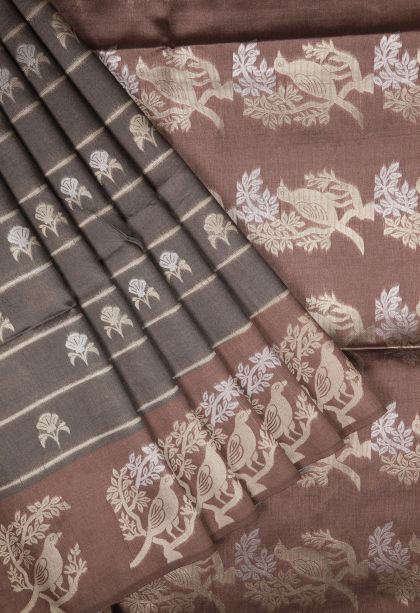 Granite Black Tussar Saree with Silver Zari Buttis (small Dots Or Motifs)