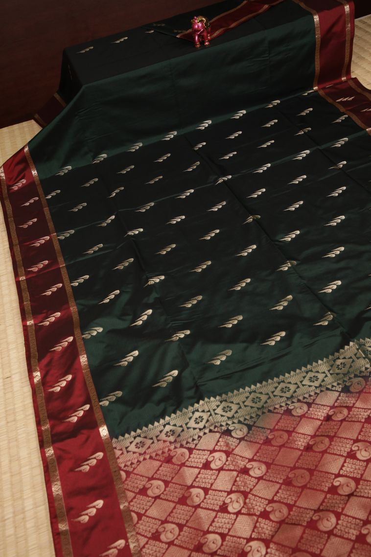 Bottle Green Soft Silk Saree with Copper Zari Buttis (small Dots Or Motifs) view 2