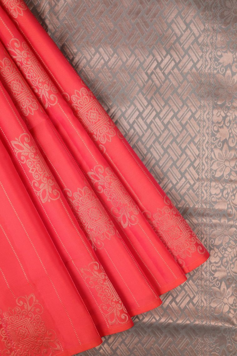 Strawberry Pink Soft Silk Saree with Copper Zari Stripes view 1