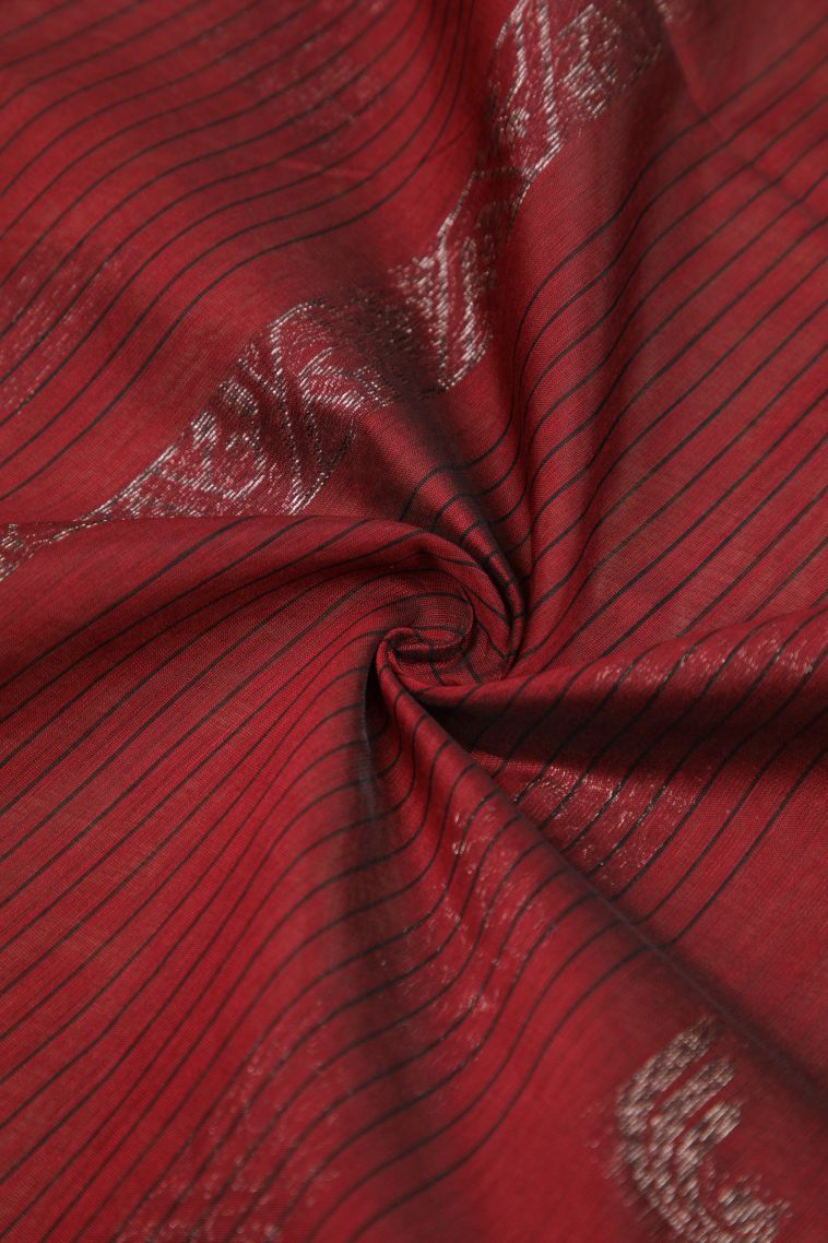 Apple Red Silk Cotton Sarees with Bronze Zari Stripes view 4