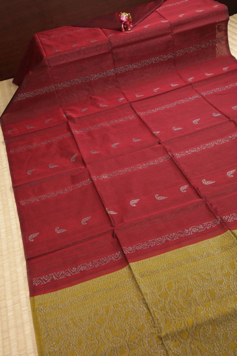 Apple Red Silk Cotton Sarees with Bronze Zari Stripes view 2