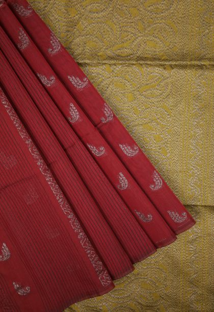 Apple Red Silk Cotton Sarees with Bronze Zari Stripes