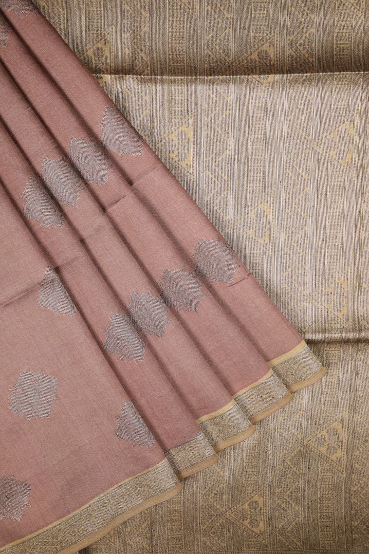 Tawny Brown Tussar Saree with Bronze Zari Buttis (small Dots Or Motifs) view 1