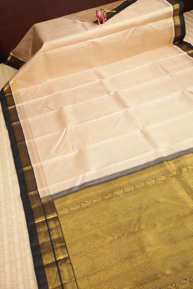 Cream White Kanchipuram Silk Sarees with Gold Zari Checks view 2