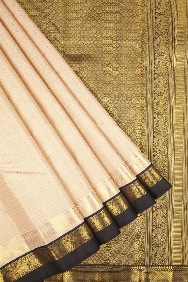 Cream White Kanchipuram Silk Sarees with Gold Zari Checks view 1