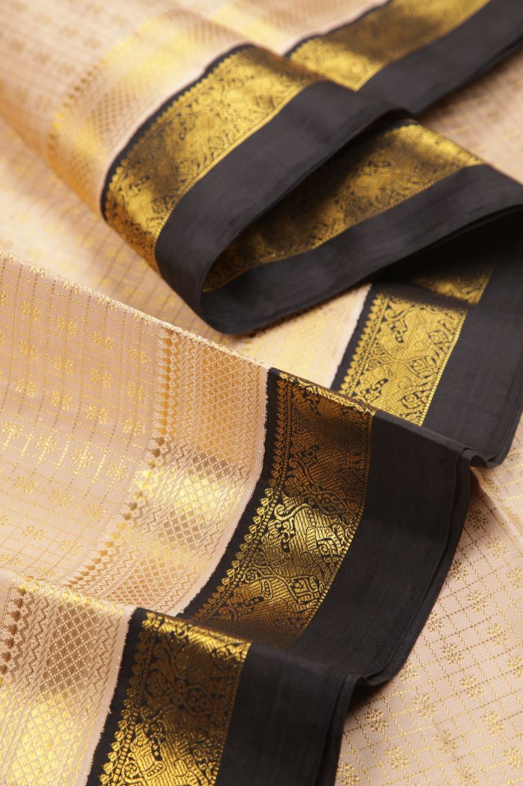 Cream White Kanchipuram Silk Sarees with Gold Zari Checks view 4