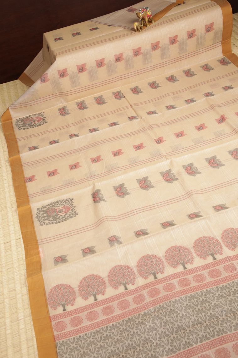 Cream White Kovai Cotton Sarees with Without Zari Zari Buttis (small Dots Or Motifs) view 2