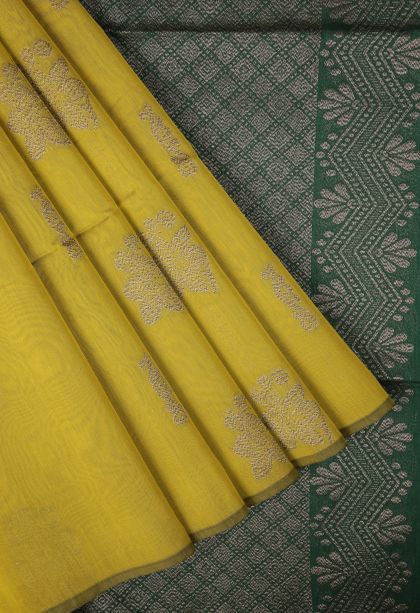 Lime Green Silk Cotton Sarees with Bronze Zari Buttis (small Dots Or Motifs)