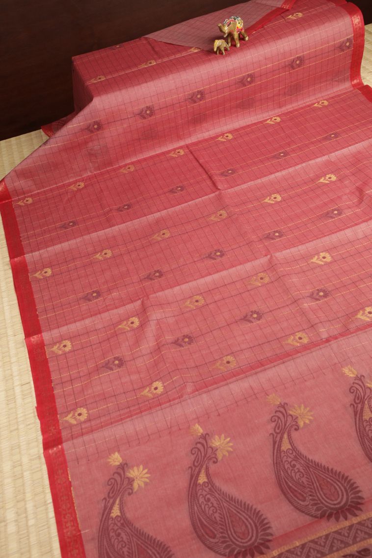 Rouge Pink Kovai Cotton Sarees with Without Zari Zari Checks view 2