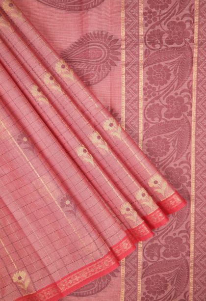 Rouge Pink Kovai Cotton Sarees with Without Zari Zari Checks