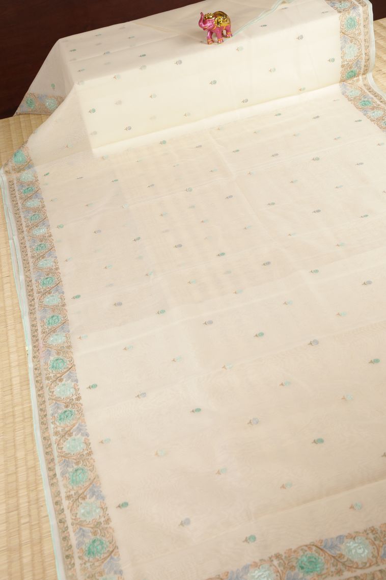 Cream White Tussar Saree with Without Zari Zari Buttis (small Dots Or Motifs) view 2