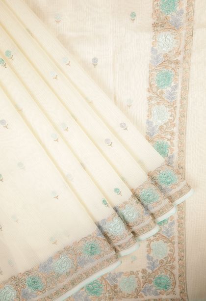 Cream White Tussar Saree with Without Zari Zari Buttis (small Dots Or Motifs)