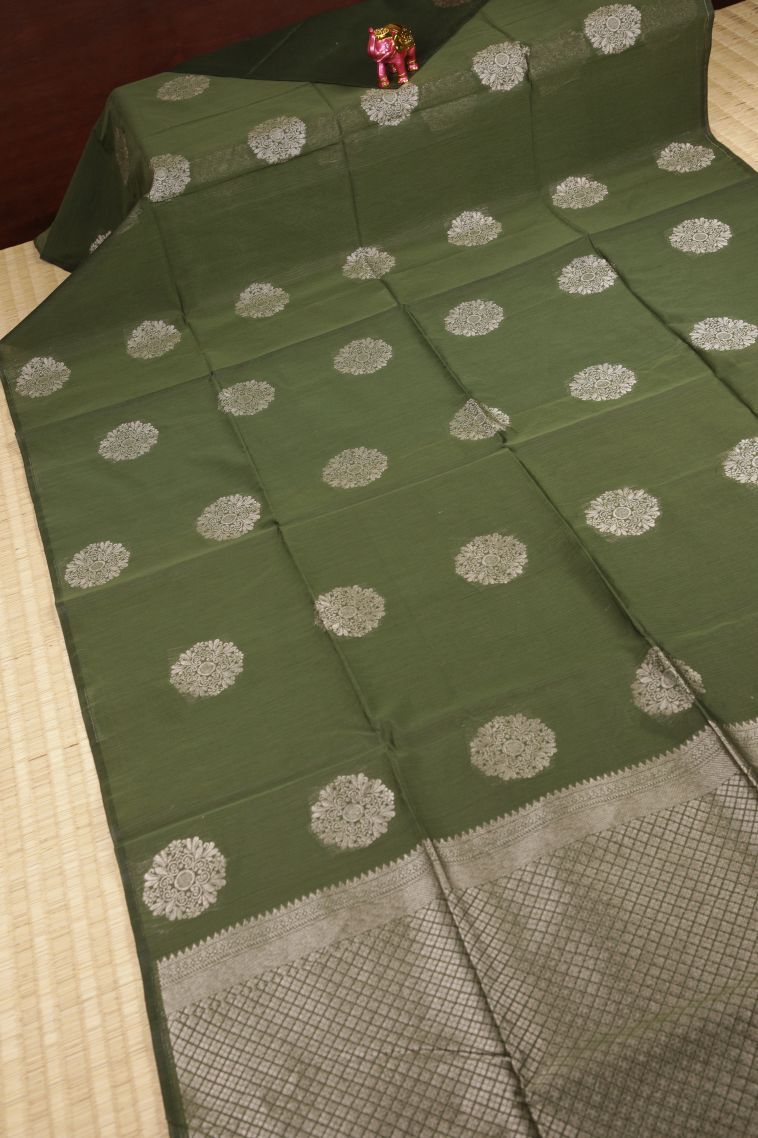 Basil Green Silk Cotton Sarees with Bronze Zari Buttis (small Dots Or Motifs) view 2