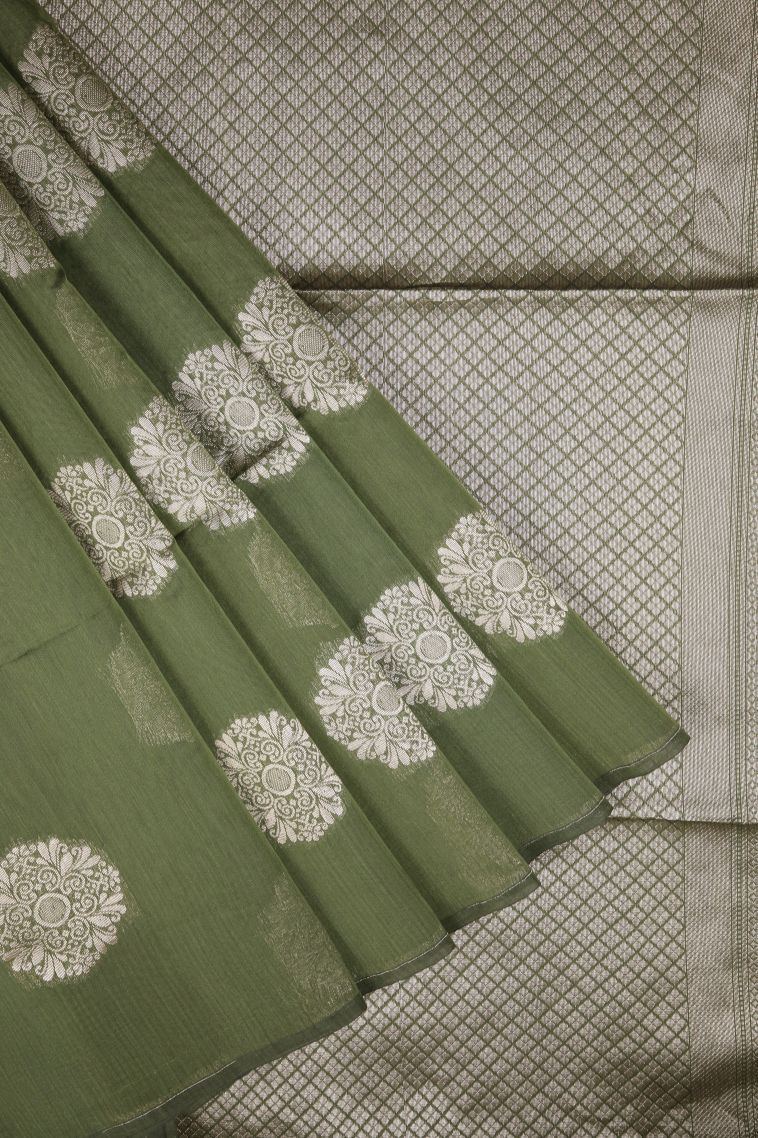 Basil Green Silk Cotton Sarees with Bronze Zari Buttis (small Dots Or Motifs) view 1