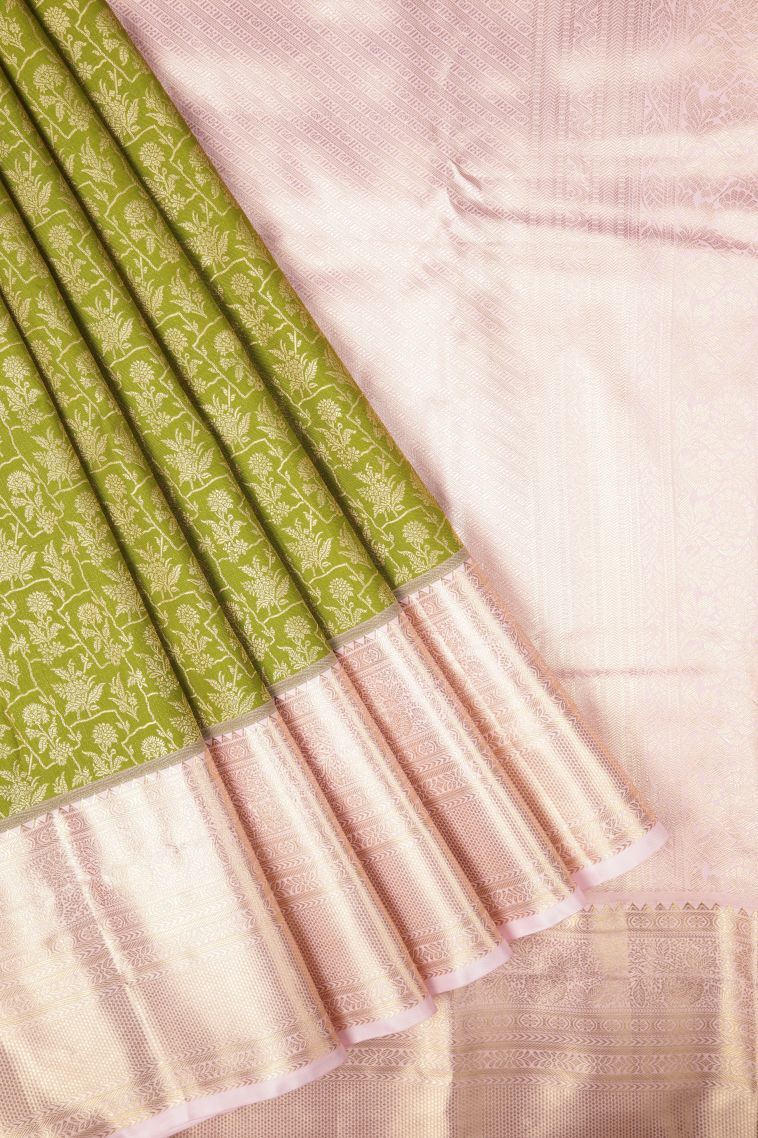 Moccon Green Samudrika Pattu with Copper Zari Floral Patterns view 1
