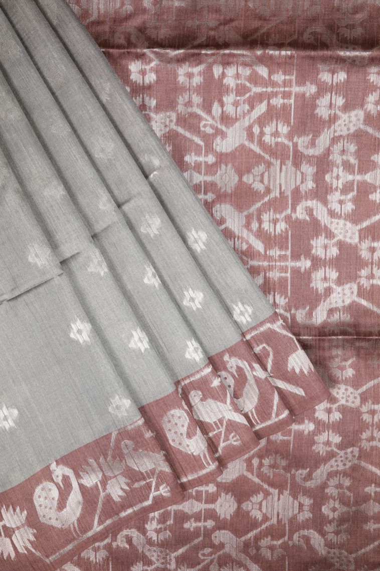 Gray Black Tussar Saree with Silver Zari Buttis (small Dots Or Motifs) view 1