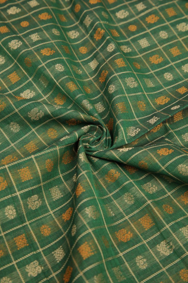 Basil Green Kalyani Cotton with Without Zari Zari Peacock Motifs view 4