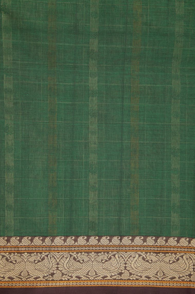 Basil Green Kalyani Cotton with Without Zari Zari Peacock Motifs view 3