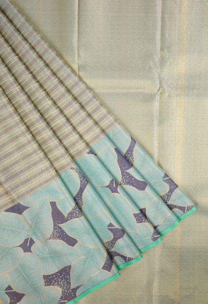 Slate Blue Kanchipuram Silk Sarees with Gold Zari Stripes