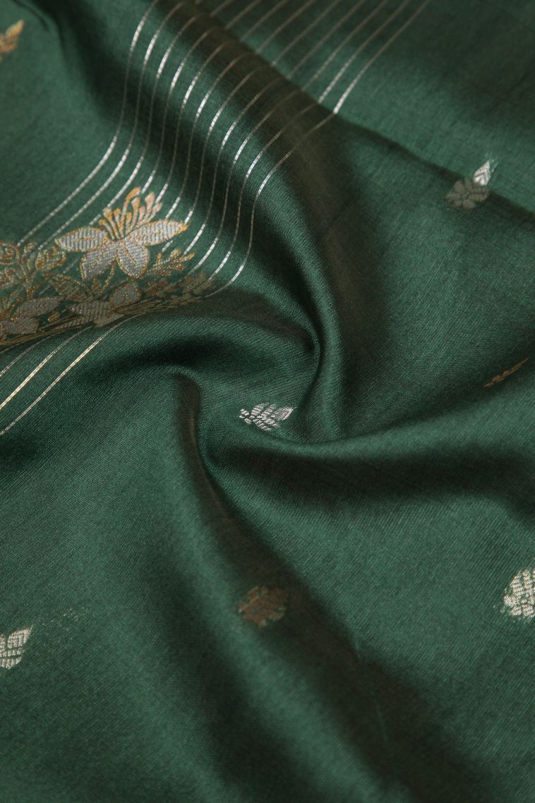 Basil Green Tussar Saree with Silver Zari Stripes view 4