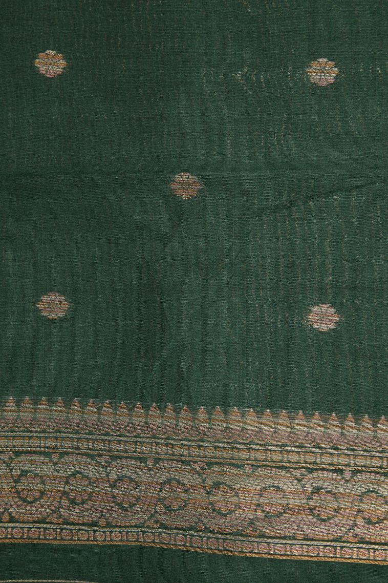 Basil Green Tussar Saree with Silver Zari Stripes view 3