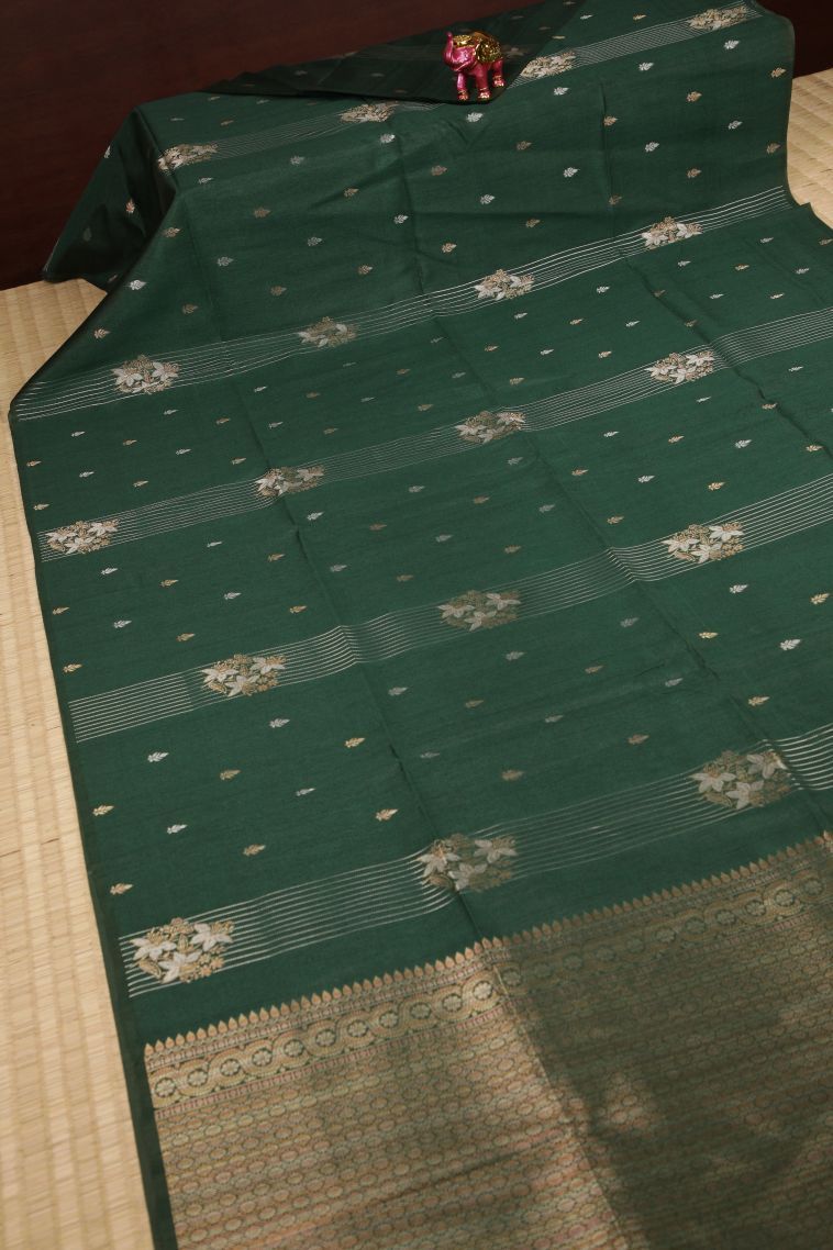 Basil Green Tussar Saree with Silver Zari Stripes view 2