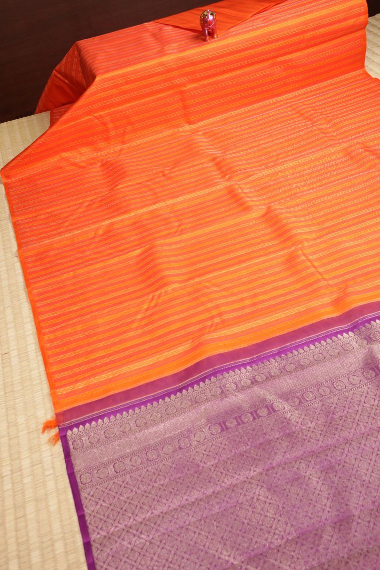 Tiger Orange Kanchipuram Silk Sarees with Gold Zari Stripes view 2