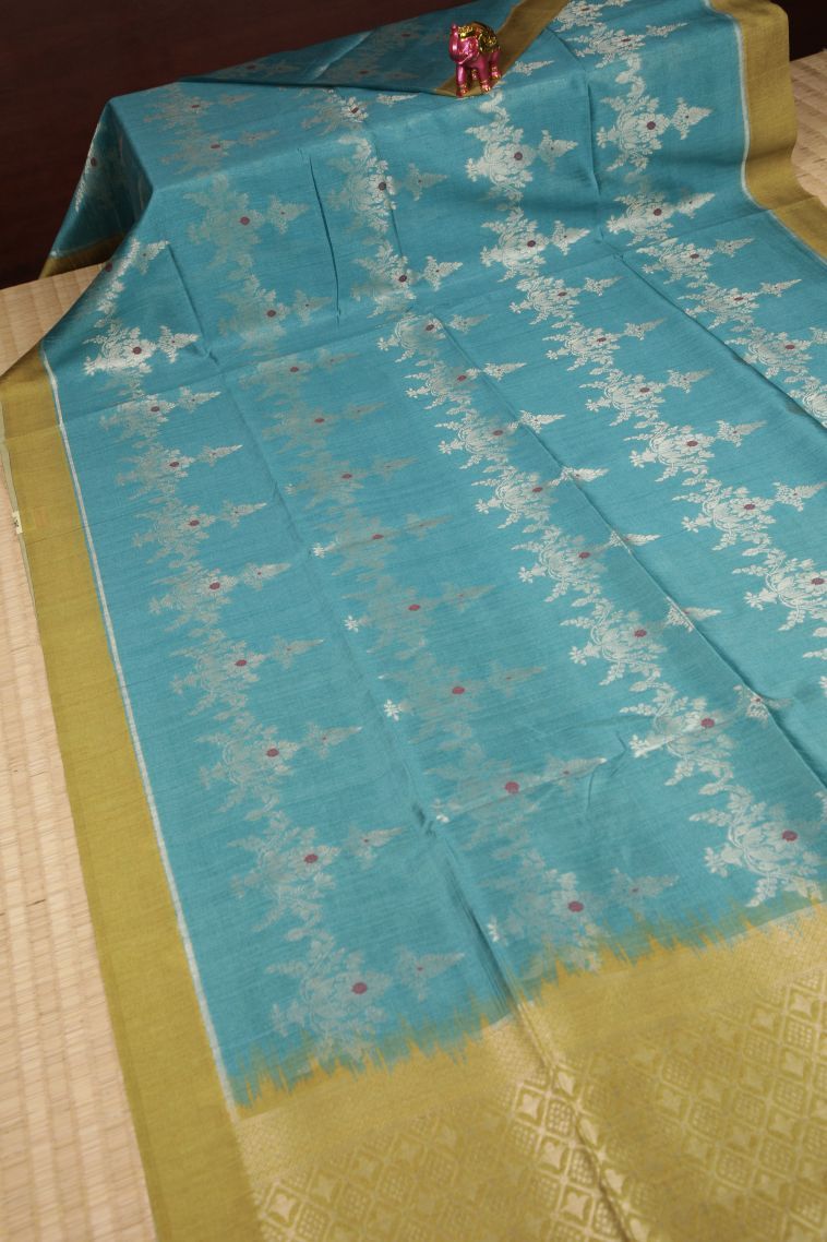 Sapphire Blue Tussar Saree with Silver Zari Floral Patterns view 2