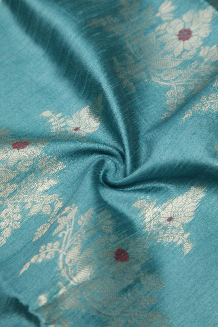 Sapphire Blue Tussar Saree with Silver Zari Floral Patterns view 4