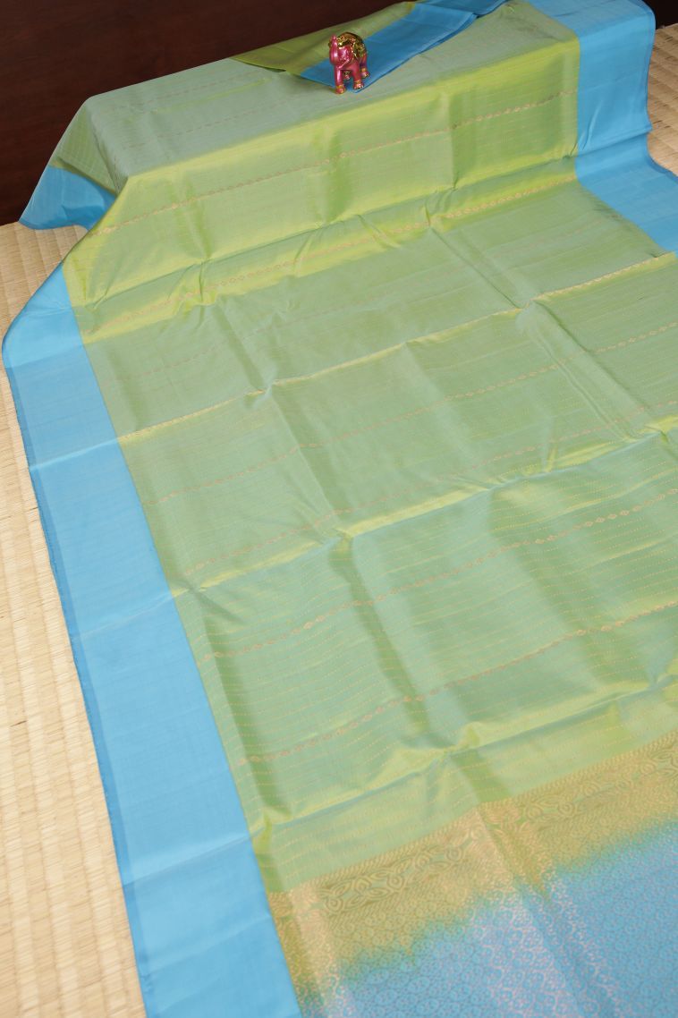 Mint Green Soft Silk Saree with Copper Zari Stripes view 2