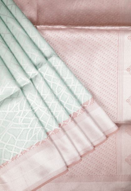 Arctic Blue Tussar Saree with Silver Zari Floral Patterns