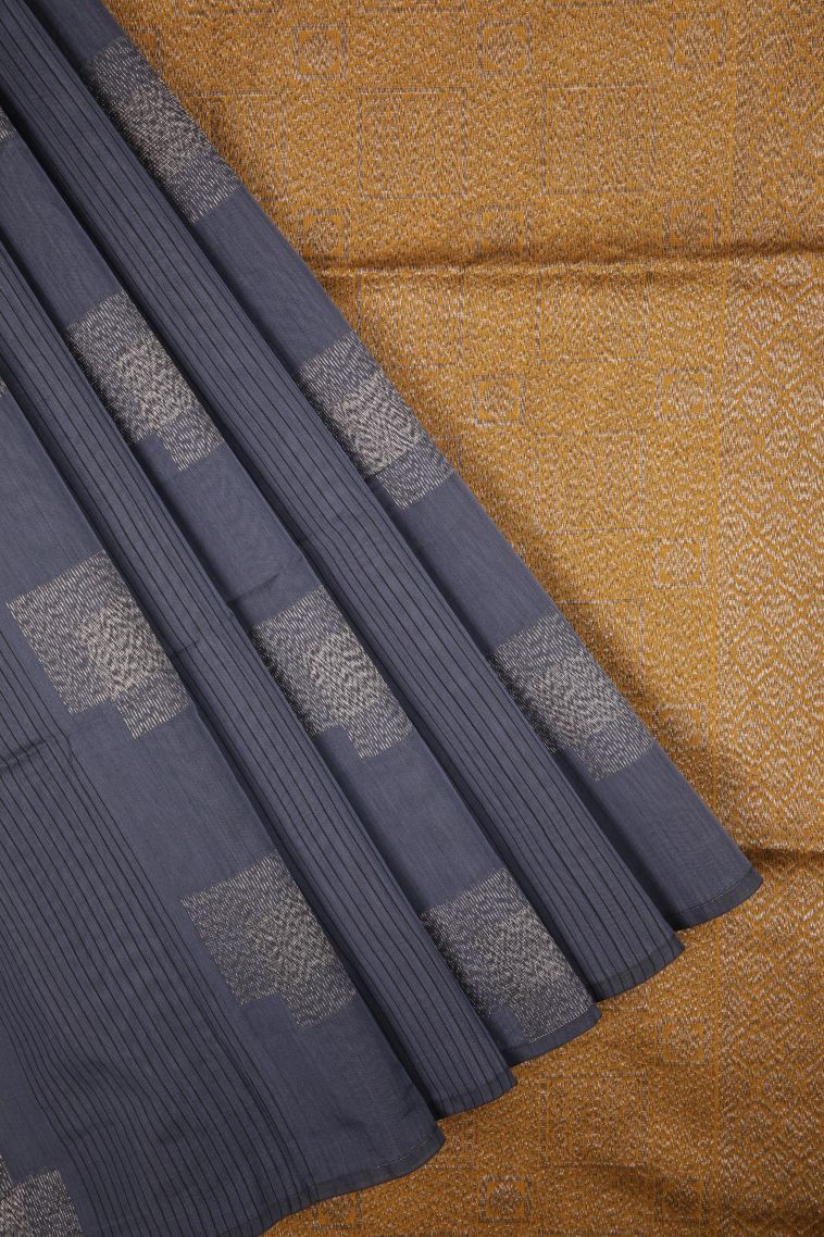 Aegean Blue Silk Cotton Sarees with Bronze Zari Stripes view 1