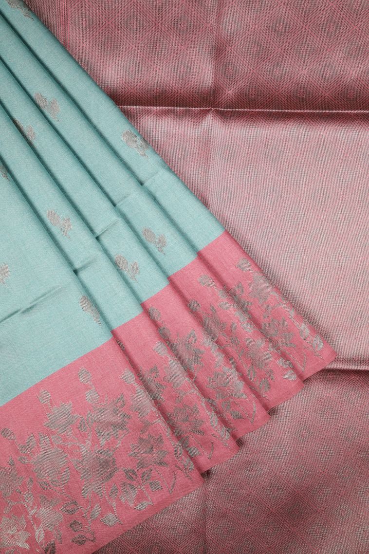 Sky Blue Tussar Saree with Bronze Zari Buttis (small Dots Or Motifs) view 1