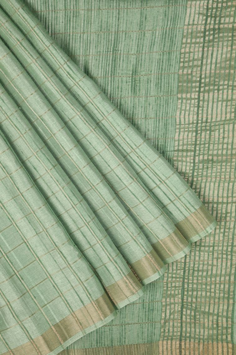 Fern Green Tussar Saree with Copper Zari Checks view 1