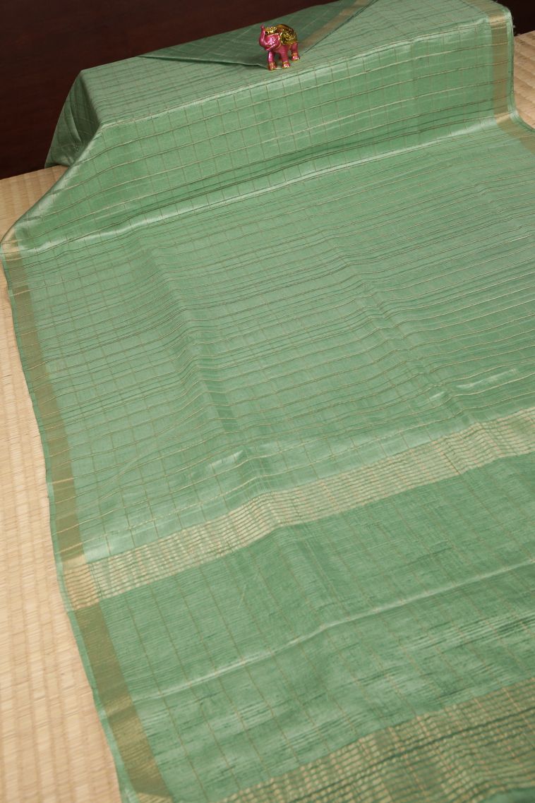 Fern Green Tussar Saree with Copper Zari Checks view 2