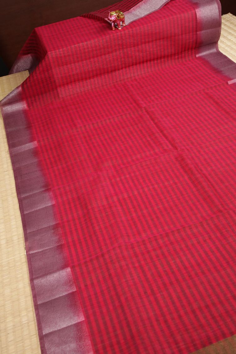 Rose  Red Tussar Saree with Without Zari Zari Stripes view 2