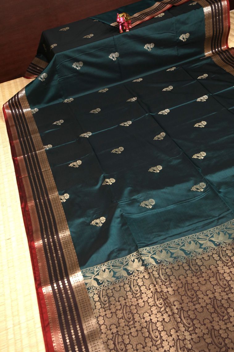 Aegean Blue Soft Silk Saree with Copper Zari Buttis (small Dots Or Motifs) view 2