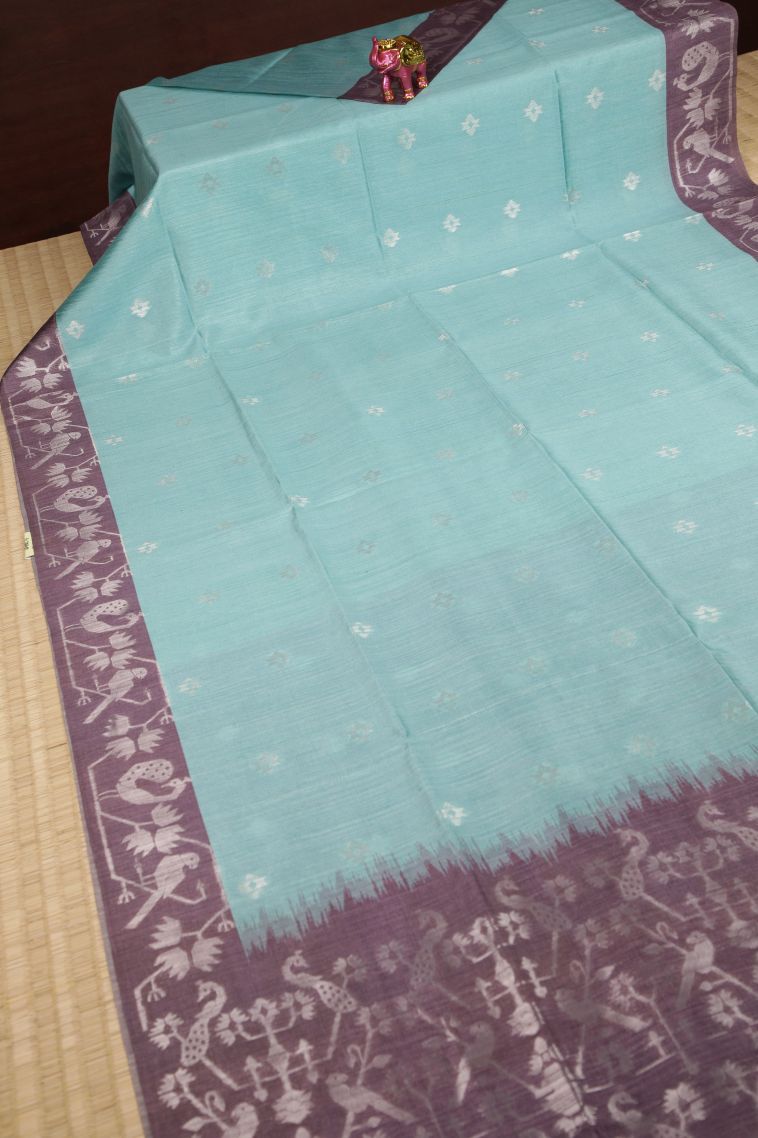 Arctic Blue Tussar Saree with Silver Zari Buttis (small Dots Or Motifs) view 2