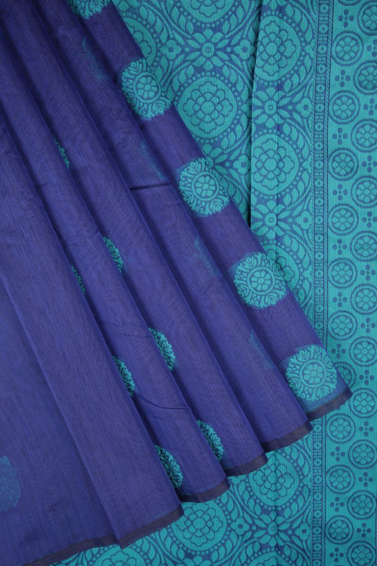 Admiral Blue Silk Cotton with Without Zari Zari Buttis (small Dots Or Motifs) view 1