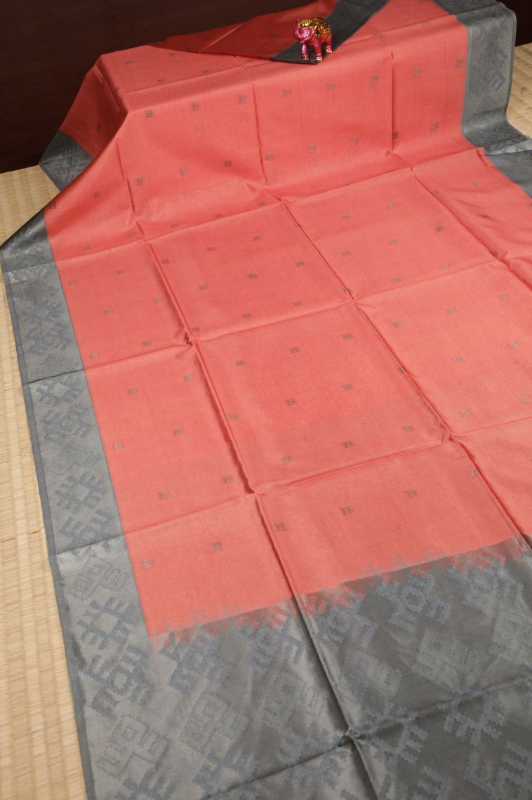 Coral Pink Tussar Saree with Bronze Zari Buttis (small Dots Or Motifs) view 2