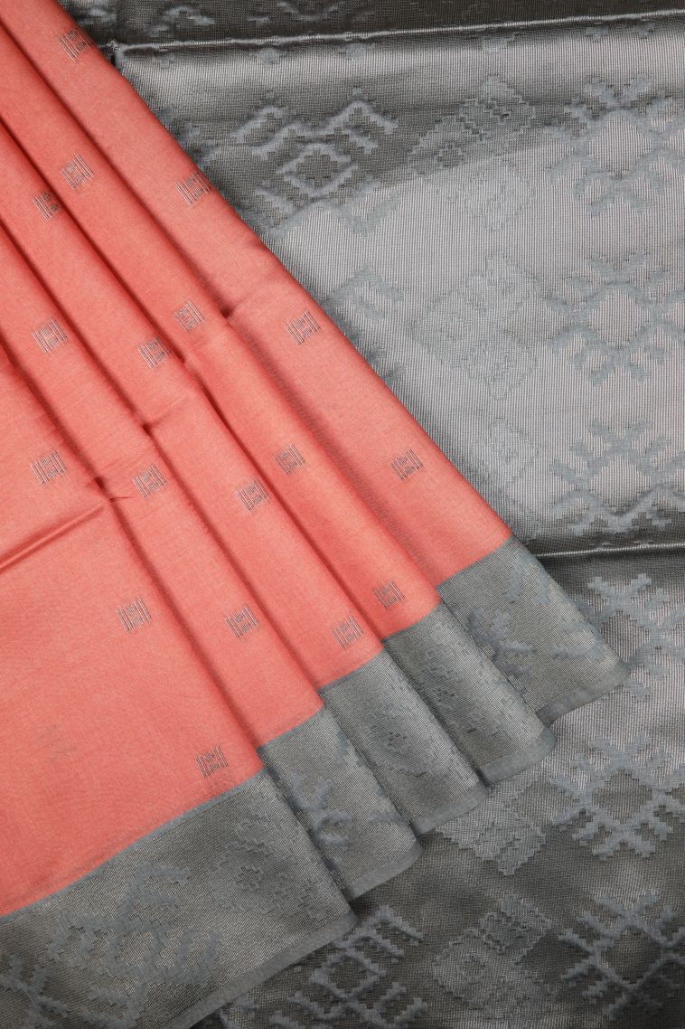 Coral Pink Tussar Saree with Bronze Zari Buttis (small Dots Or Motifs) view 1