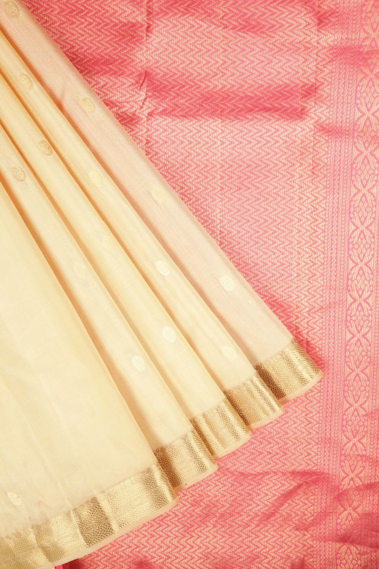 Cream White Soft Silk Saree with Gold Zari Buttis (small Dots Or Motifs) view 1