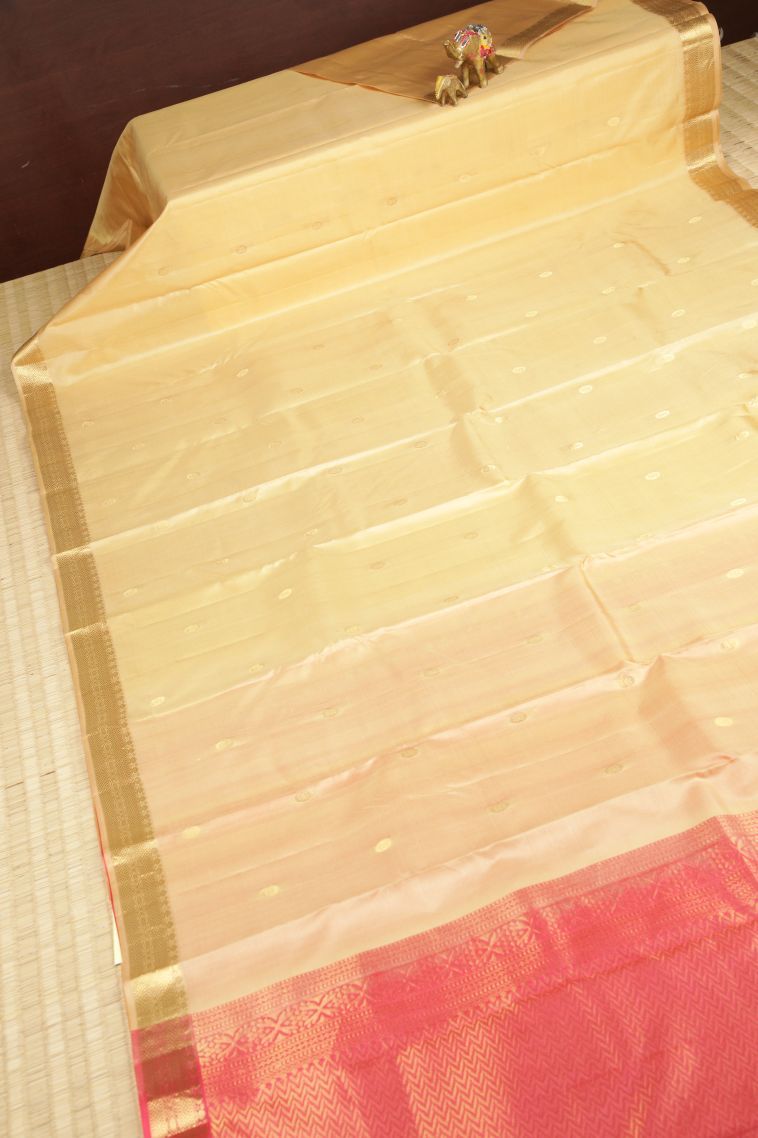 Cream White Soft Silk Saree with Gold Zari Buttis (small Dots Or Motifs) view 2