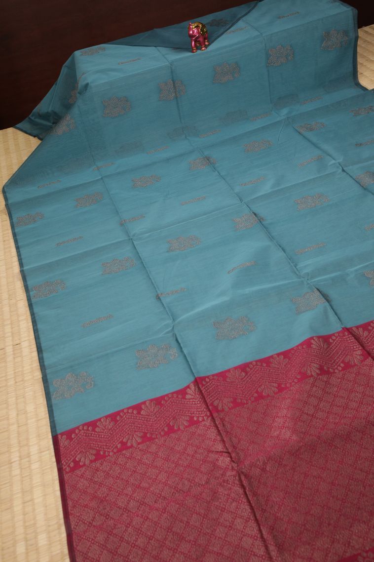 Cerulean Blue Silk Cotton Sarees with Bronze Zari Buttis (small Dots Or Motifs) view 2