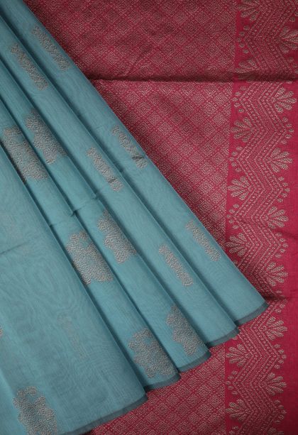 Cerulean Blue Silk Cotton Sarees with Bronze Zari Buttis (small Dots Or Motifs)