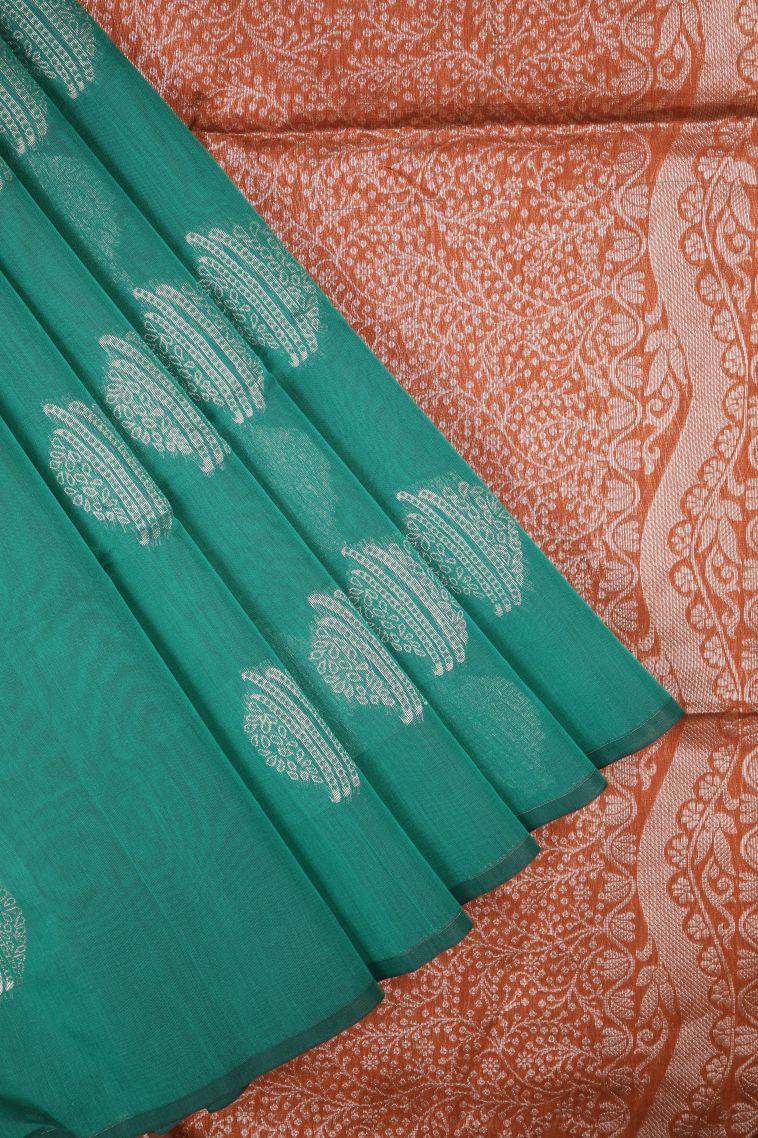 Ocean Blue Silk Cotton Sarees with Silver Zari Buttis (small Dots Or Motifs) view 1