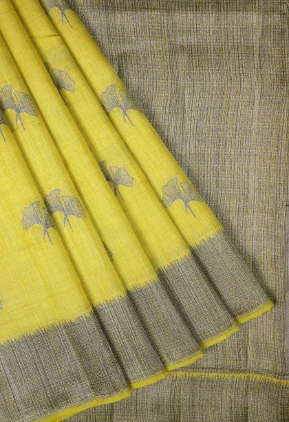 Lime Green Tussar Saree with Bronze Zari Buttis (small Dots Or Motifs)