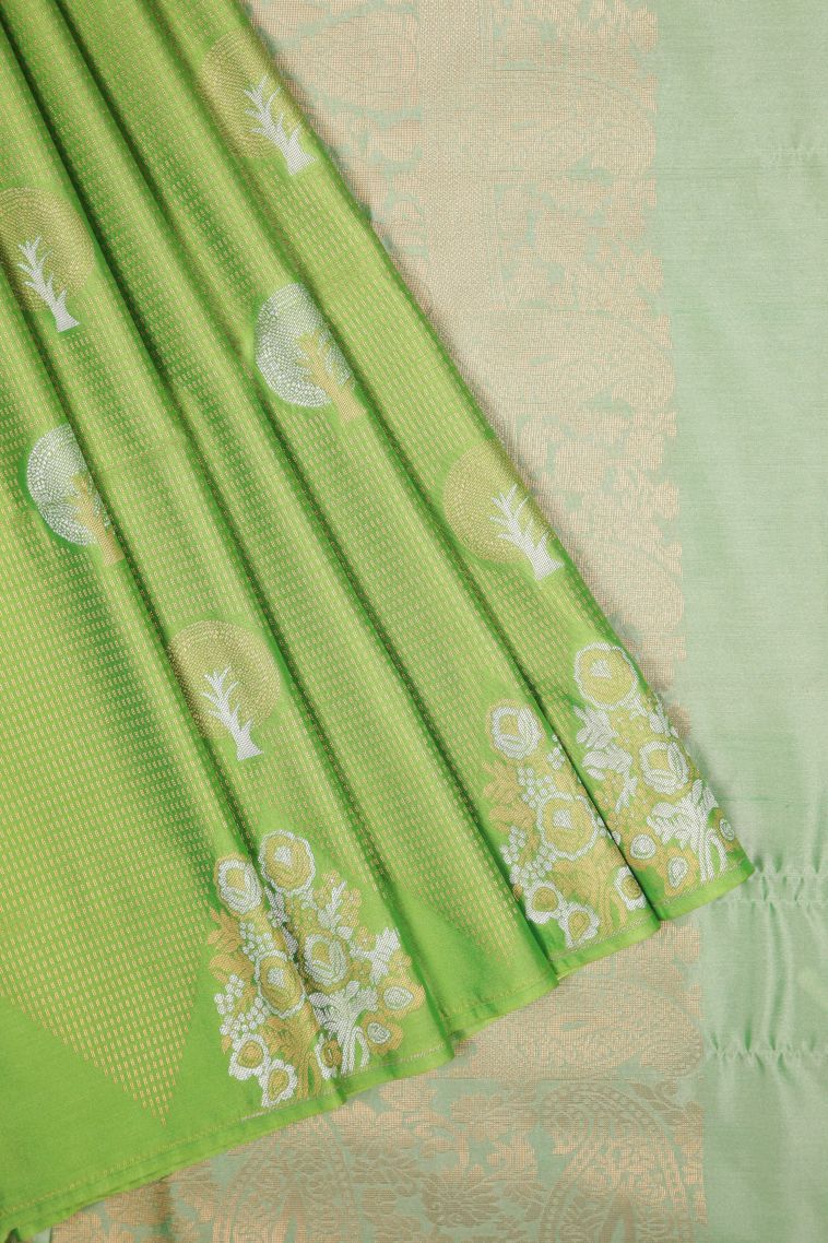 Lime Green Soft Silk Saree with Gold And Silver Zari Stripes view 1