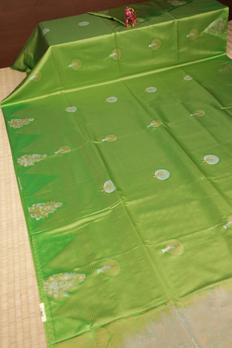 Lime Green Soft Silk Saree with Gold And Silver Zari Stripes view 2