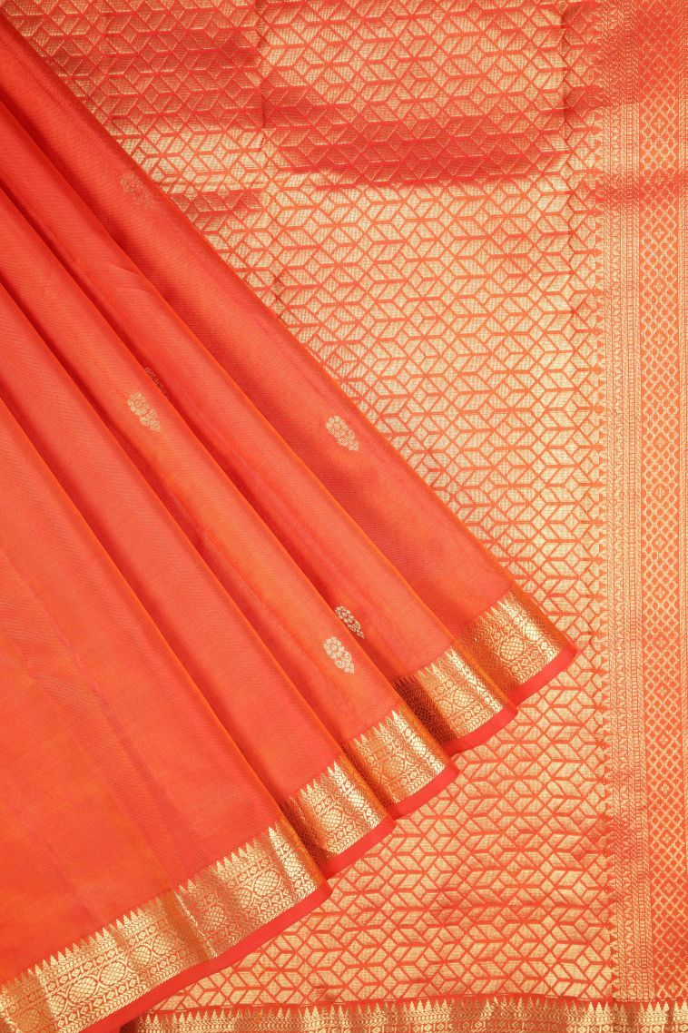 Fire Orange Soft Silk Saree with Gold Zari Buttis (small Dots Or Motifs) view 1